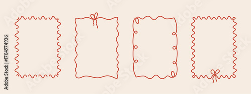 Hand-drawn coquette wavy frames set, squiggle curly swirl tied bow borders, ribbons cadre vintage modern vintage whimsical edgings elements, elegant trend stamps flirting girly style design. Isolated.