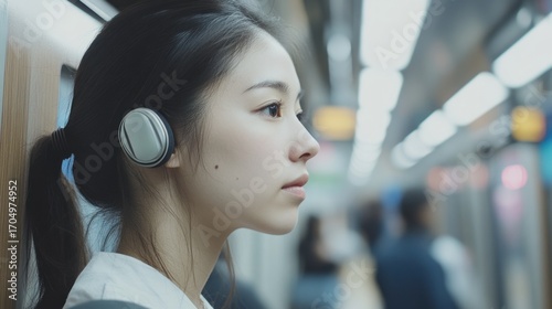 Young woman on train, listening to music