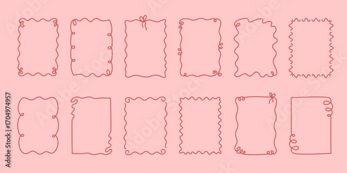 Hand-drawn coquette wavy frames set, squiggle curly swirl tied bow borders, ribbons cadre vintage modern vintage whimsical edgings elements, elegant trend stamps flirting girly style design. Isolated.