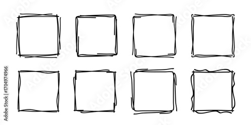 Square doodle stamp frames, hand-drawn wavy curly monograms. Edgings and cadres with simple sketchy scribble swirl design elements. Isolated. Vector illustration.