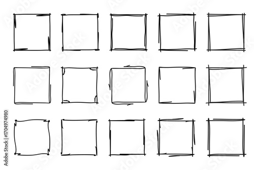 Square doodle stamp frames, hand-drawn wavy curly monograms. Edgings and cadres with simple sketchy scribble swirl design elements. Isolated. Vector illustration.