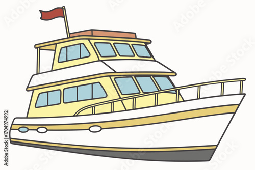 Vector art of a cartoon illustration of a white and yellow yacht with a red flag