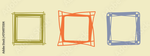 Square doodle stamp frames, hand-drawn wavy curly monograms. Edgings and cadres with simple sketchy scribble swirl design elements. Isolated. Vector illustration.