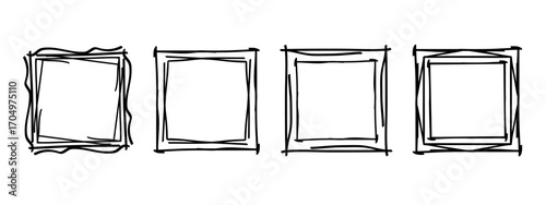 Square doodle stamp frames, hand-drawn wavy curly monograms. Edgings and cadres with simple sketchy scribble swirl design elements. Isolated. Vector illustration.