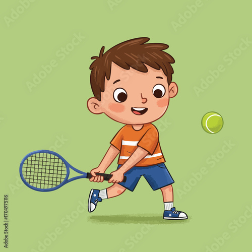 Boy playing tennis with racket and ball in sporty outfit on green background vector illustration 