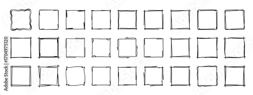 Square doodle stamp frames, hand-drawn wavy curly monograms. Edgings and cadres with simple sketchy scribble swirl design elements. Isolated. Vector illustration.
