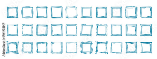 Square doodle stamp frames, hand-drawn wavy curly monograms. Edgings and cadres with simple sketchy scribble swirl design elements. Isolated. Vector illustration.