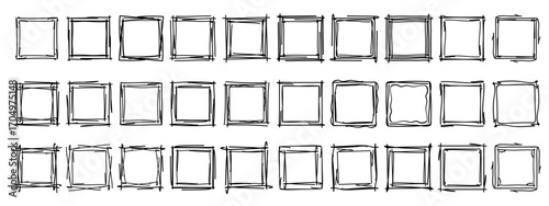 Square doodle stamp frames, hand-drawn wavy curly monograms. Edgings and cadres with simple sketchy scribble swirl design elements. Isolated. Vector illustration.
