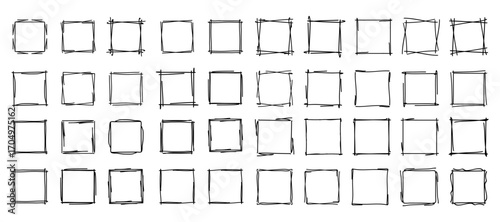 Square doodle stamp frames, hand-drawn wavy curly monograms. Edgings and cadres with simple sketchy scribble swirl design elements. Isolated. Vector illustration.
