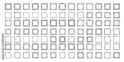 Square doodle stamp frames, hand-drawn wavy curly monograms. Edgings and cadres with simple sketchy scribble swirl design elements. Isolated. Vector illustration.