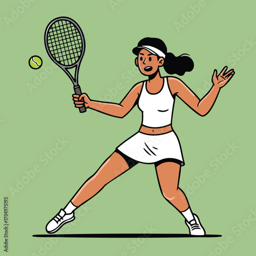 Female tennis player hitting ball with racquet on green background vector illustration 