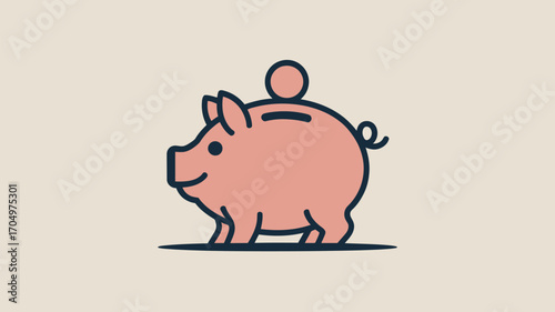 Illustration of a pink piggy bank with a coin on top against a light beige background in a cartoon style