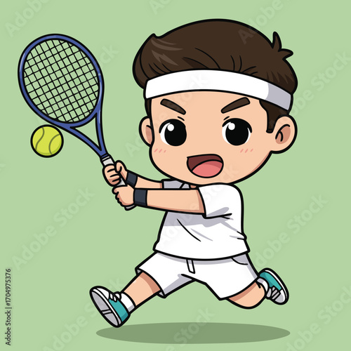 Young boy playing tennis with racket and ball in active sports pose vector illustration 