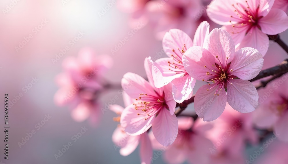Fototapeta premium Delicate pink cherry blossoms, full bloom, intricate pattern, botanical, pink flowers