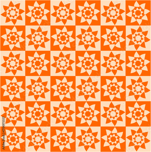 A rhythmic pattern of orange floral stars tiled in harmony, creating balance through symmetry, repetition, and radiant mathematical beauty across twenty-two structured forms.
