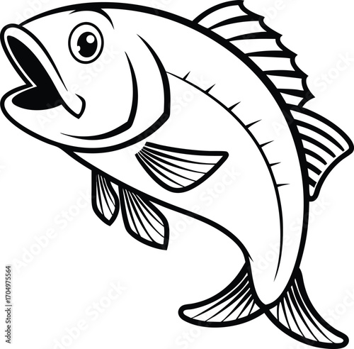 Vector art of a black and white illustration of a fish with its mouth open, isolated on a