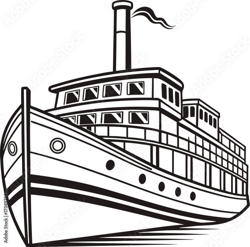 Vector art of black and white illustration of a vintage steamship
