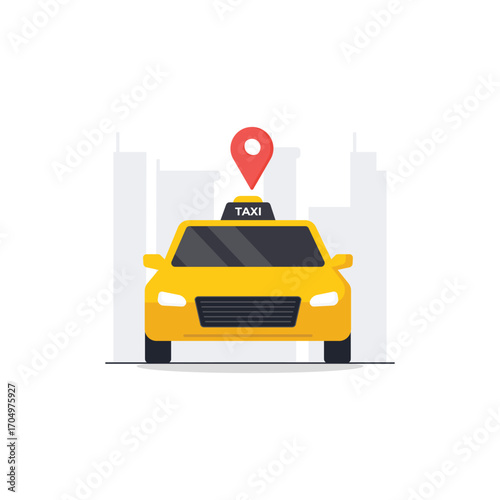 Yellow Taxi Car with Location Pin Vector Illustration. Location Tracking Concept Design