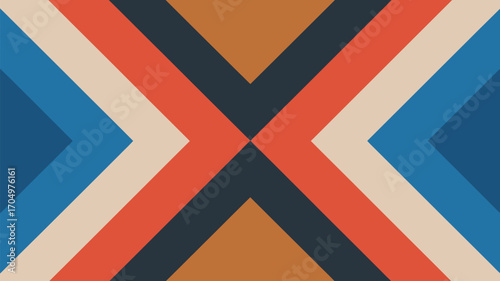 Abstract geometric pattern with intersecting lines in blue beige red and brown creating an x shape