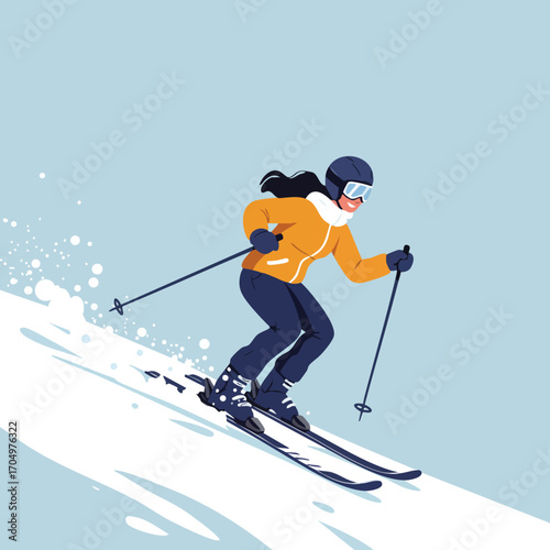 Woman skiing downhill in orange jacket and navy pants winter sport activity vector illustration 