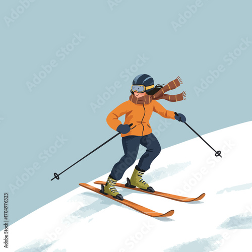 Skier wearing orange jacket and scarf skiing downhill on snowy winter slope vector illustration 