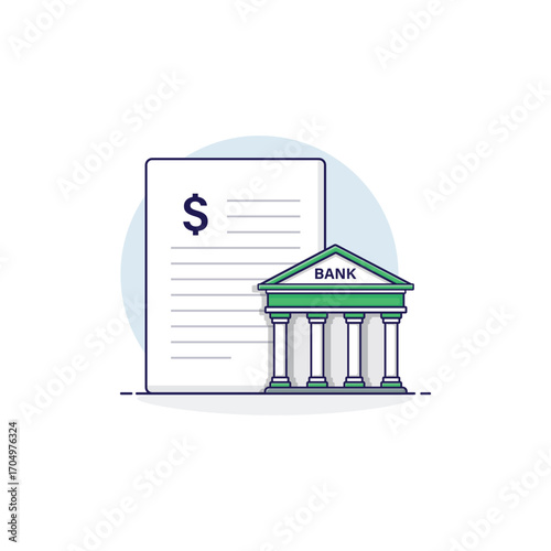 Document with Bank Building Vector Illustration. Bank Statement Concept Design