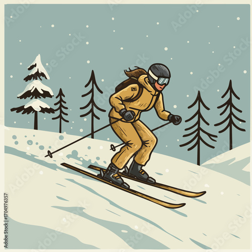 Skier in brown outfit skiing downhill on snowy mountain landscape with pine trees vector illustration 