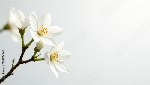 Delicate white blossoms against pure white backdrop, clean, macro