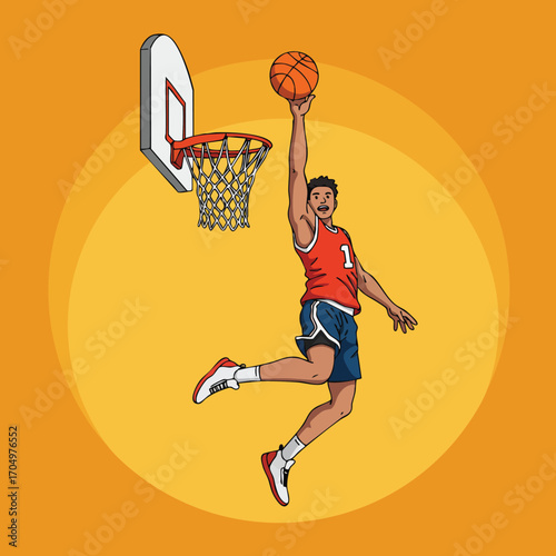 Male basketball player in red jersey performing slam dunk with orange background vector illustration 
