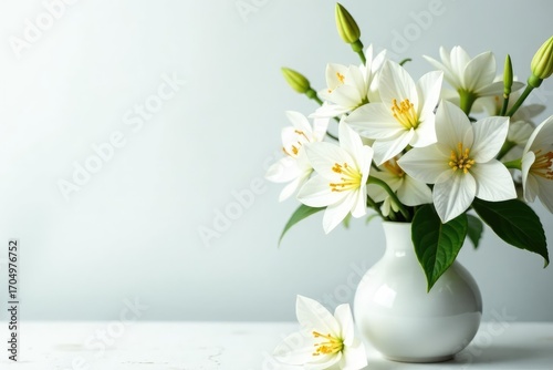 Elegant white floral arrangement on pristine backdrop, image, floral