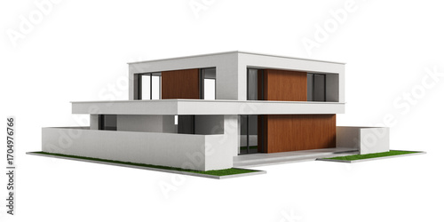 Fototapeta Naklejka Na Ścianę i Meble -  Contemporary minimalist two-story house with white concrete walls and vertical wood panels, isolated on transparent background. Concept of modern housing. 3D Rendering