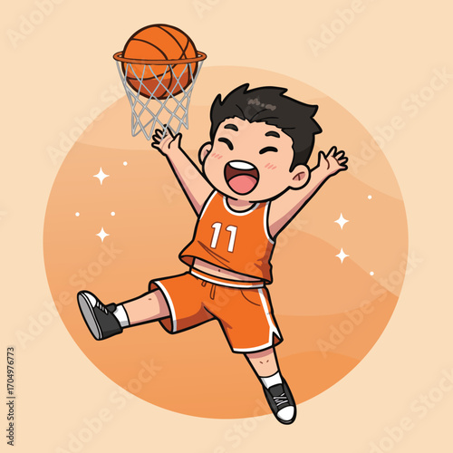 Young boy playing basketball scoring a slam dunk in orange sportswear vector illustration 