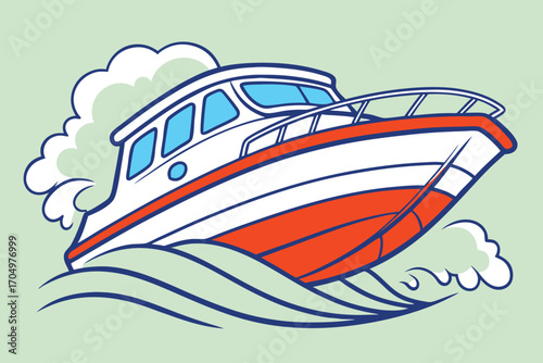 Vector art of a cartoon illustration of a white and orange motorboat speeding through blue waves with white foam, on a light green background