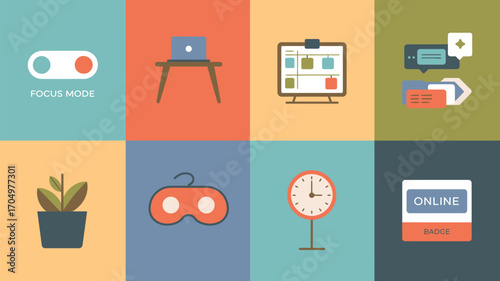 A flat design illustration featuring focus mode, laptop on table, planning board, chat bubbles and plant