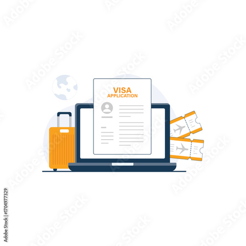 Laptop with Visa Application, Ticket, and Luggage Vector Illustration. Online Visa Application Concept Design