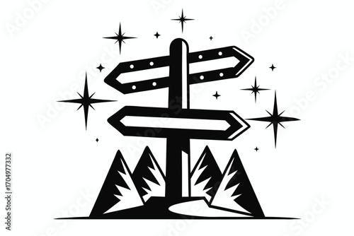 Directional sign pointing towards mountain trails under starry sky offers a monochromatic outdoor adventure