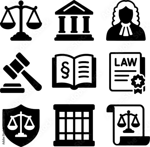 Law and Justice Black Silhouette Icons Set