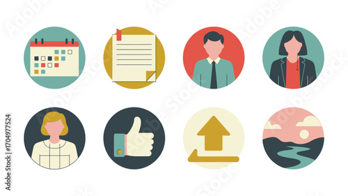 Collection of eight round icons displaying a calendar, document, man, woman, like, upload, landscape