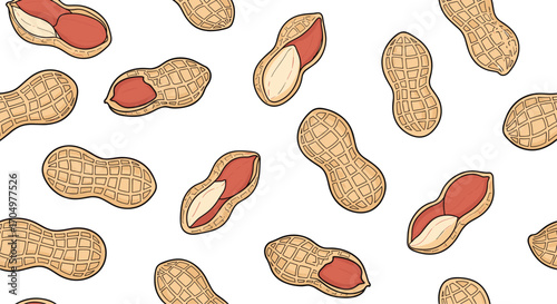 A collection of healthy roasted peanuts in their shells scattered across a white background.