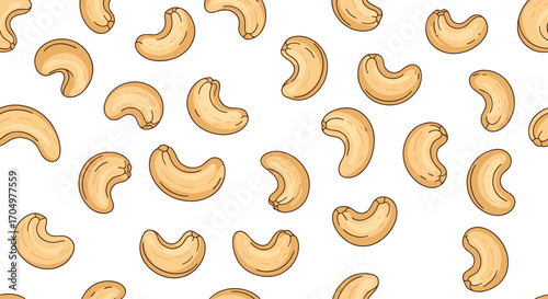 A delightful pattern of healthy cashew nuts scattered across a white background.