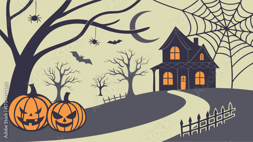 Spooky halloween scene with haunted house pumpkins and a crescent moon