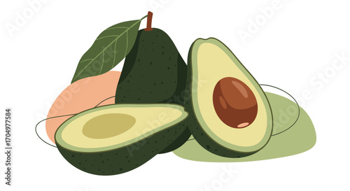 Ripe avocados with a leaf and abstract shapes.