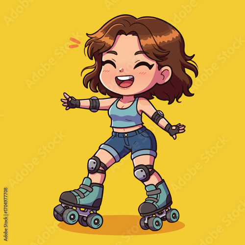 Girl with brown hair roller skating wearing protective gear and smiling on yellow background vector illustration 