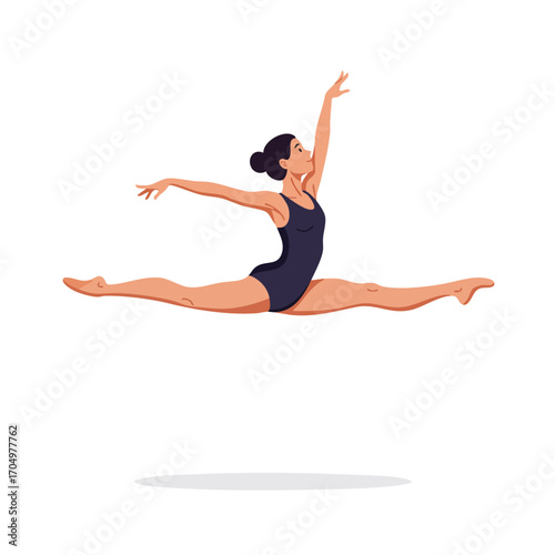 Female ballet dancer performing grand jeté leap in black leotard graceful pose vector illustration 