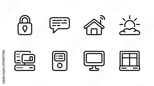 A collection of eight black and white line art icons depicting various symbols on a white background
