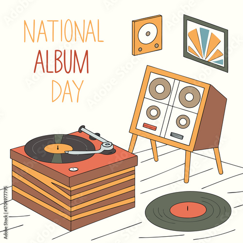 National album day celebration with vintage record player and vinyl records