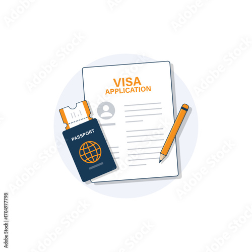 Visa Application with Passport, Ticket, and Pencil Vector Illustration. Visa Application Concept Design