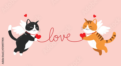 Two adorable cupid cats holding a string of love.