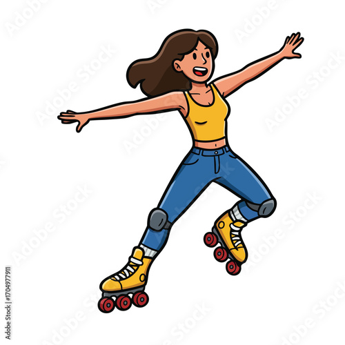 Young woman roller skating with yellow shoes and casual outfit enjoying active lifestyle vector illustration 