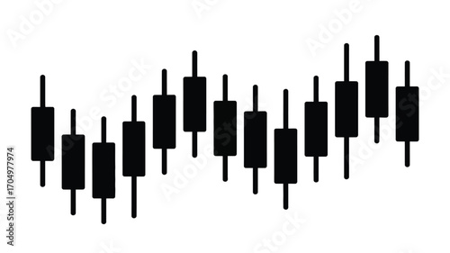 A stylized representation of a candlestick chart with black bars and lines on a white background